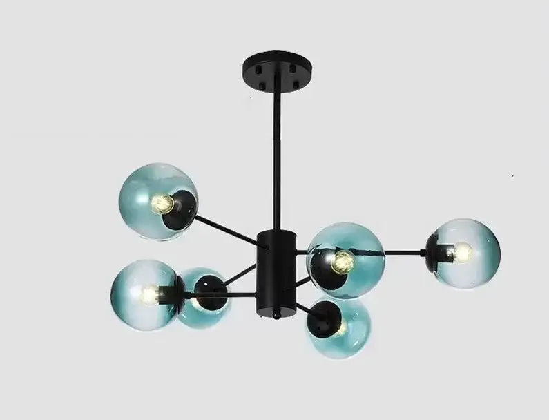 Modern black metal chandelier with six translucent teal glass globes featuring decorbites adjustable ball glass lustre design