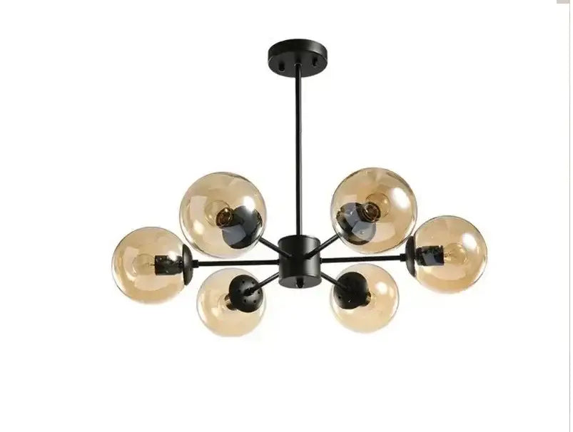 Black metal chandelier with six amber glass globe shades featuring decorbites adjustable ball glass lustre for dining room lighting