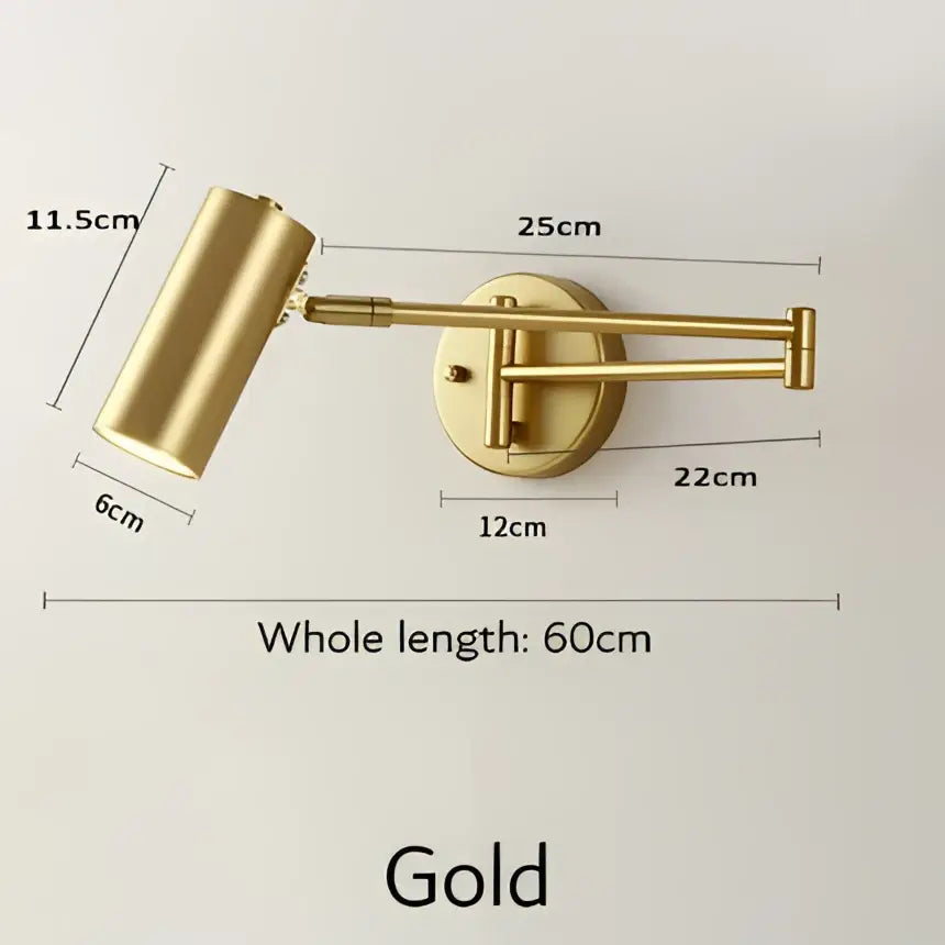 Modern gold wall lamp with adjustable long arm and cylindrical head for bedroom reading light decorbites adjustable long