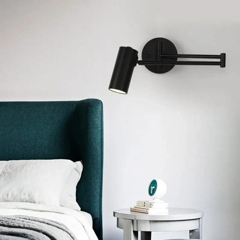 Black decorbites adjustable long arm wall lamp with cylindrical head for bedroom reading light decor and function