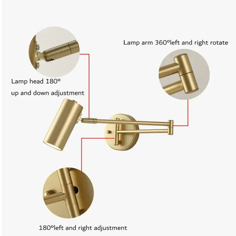 Modern gold brass-finished decorbites adjustable long arm wall lamp with dual heads for flexible bedroom reading light