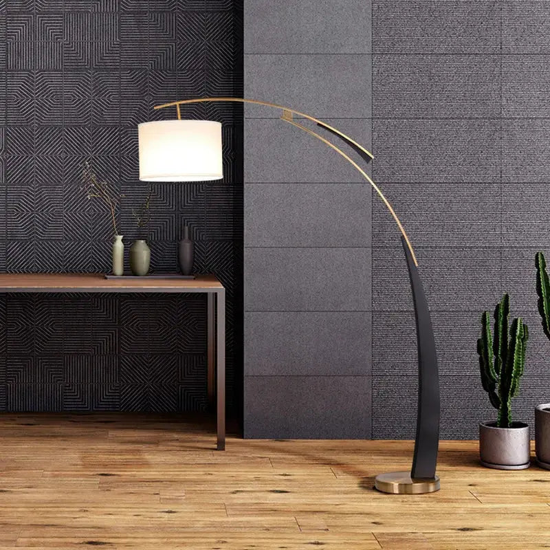 Modern gold adjustable metal floor lamp with sleek curved frame and white cylindrical shade for living room decorbites