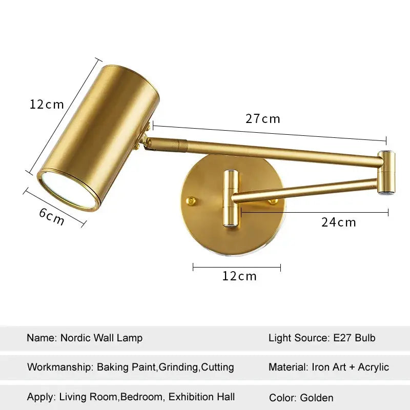 Modern gold wall lamp with adjustable swing arm and cylindrical iron art and acrylic shade for bedroom reading light