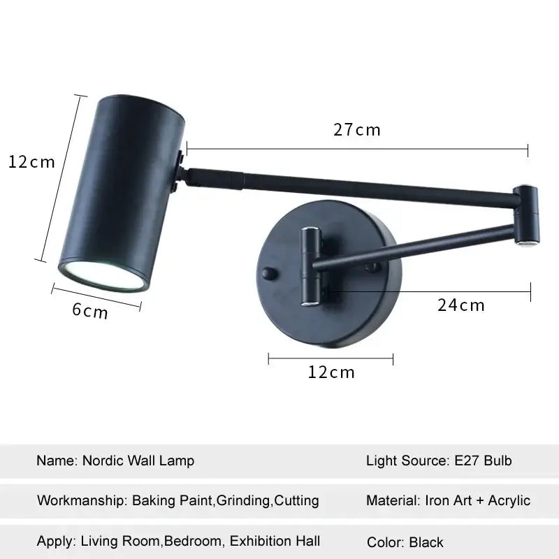 Black nordic wall lamp with adjustable swing arm made of iron art and acrylic for bedroom reading light