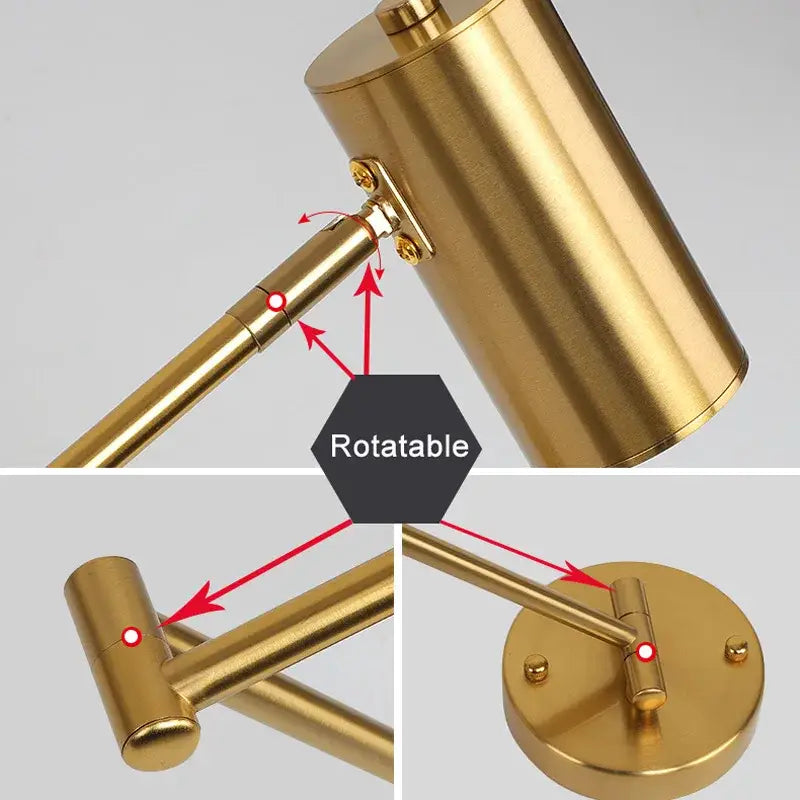 Gold-finished modern wall lamp with adjustable swing arm and cylindrical head for bedroom reading light
