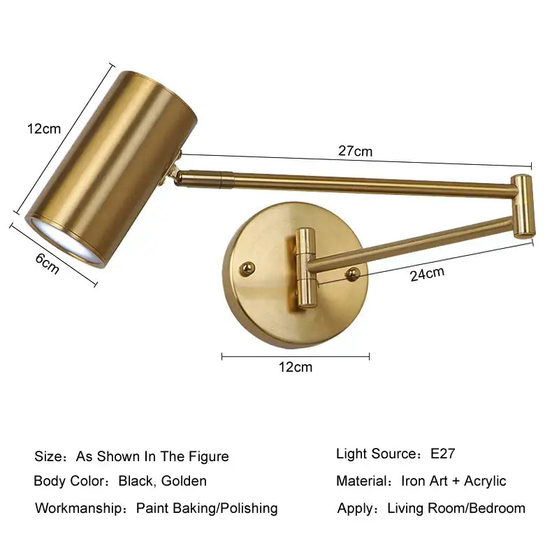 Modern gold adjustable swing arm wall lamp with cylindrical head made of iron art and acrylic for bedroom reading light