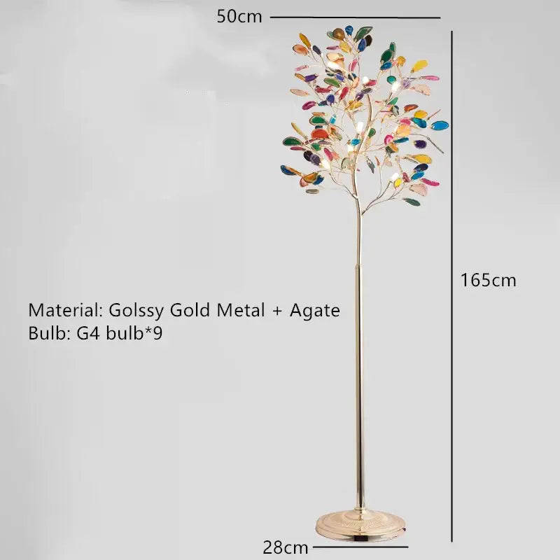 A tall modern gold agate led wall lamp with colorful gemstone decorbites agate led leaves on a slender metal base