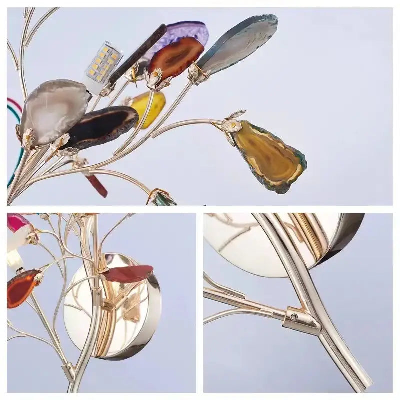 Modern gold agate led wall lamp sconce with polished silver arms and colorful natural gemstone decorbites agate led accents