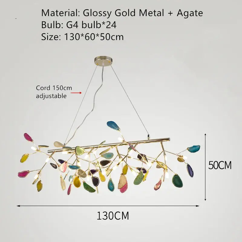 Modern gold agate led wall lamp sconce with glossy metal branches and colorful gemstone leaves by decorbites agate led