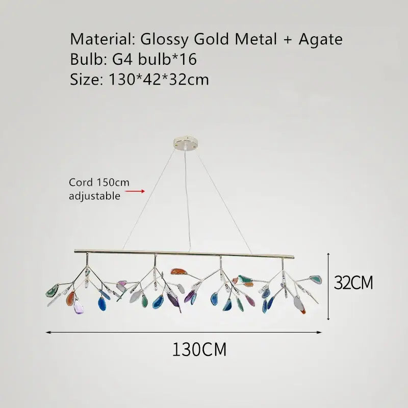 Modern gold agate led wall lamp with glossy gold metal chandelier and colorful agate leaf pendant charms decorbites agate led