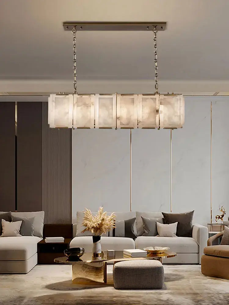 Modern gold alabaster dimmable led marble art chandelier with metallic frame and glowing panels by decorbites dimmable led