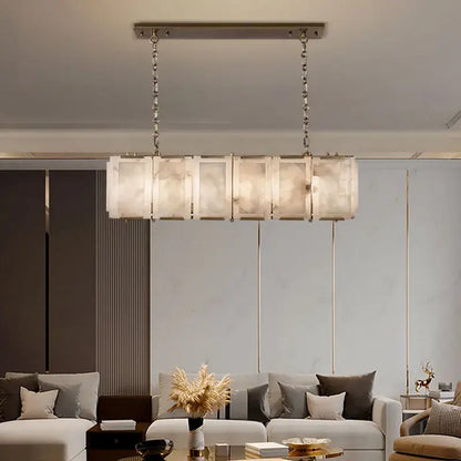 Modern gold alabaster dimmable led marble art chandelier with frosted glass panels and metallic chains for dining room decorbites dimmable led