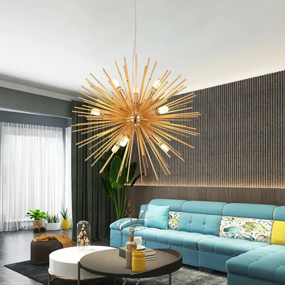 Modern gold aluminum dandelion pendant light featuring a starburst design with exposed bulbs for dining room use