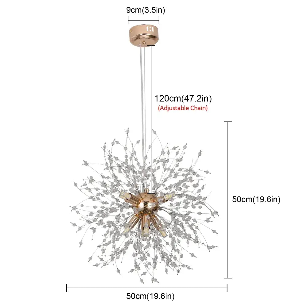 Modern gold aluminum dandelion pendant light with rose gold spherical crystal-encrusted branches and adjustable chain for dining room