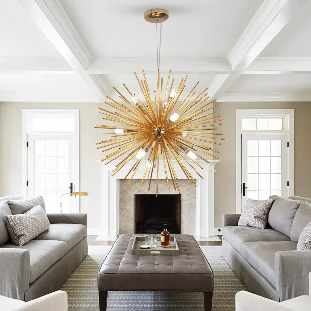 Modern gold aluminum dandelion pendant light featuring slender rods and exposed bulbs for dining room pendant light