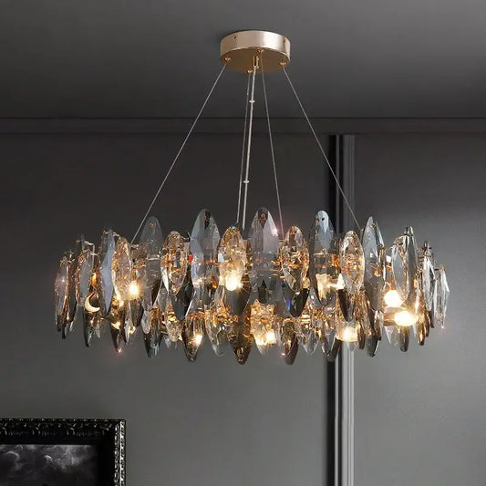 Modern gold amber decorbites crystal ceiling chandelier with layered clear and amber glass for elegant dining room decor