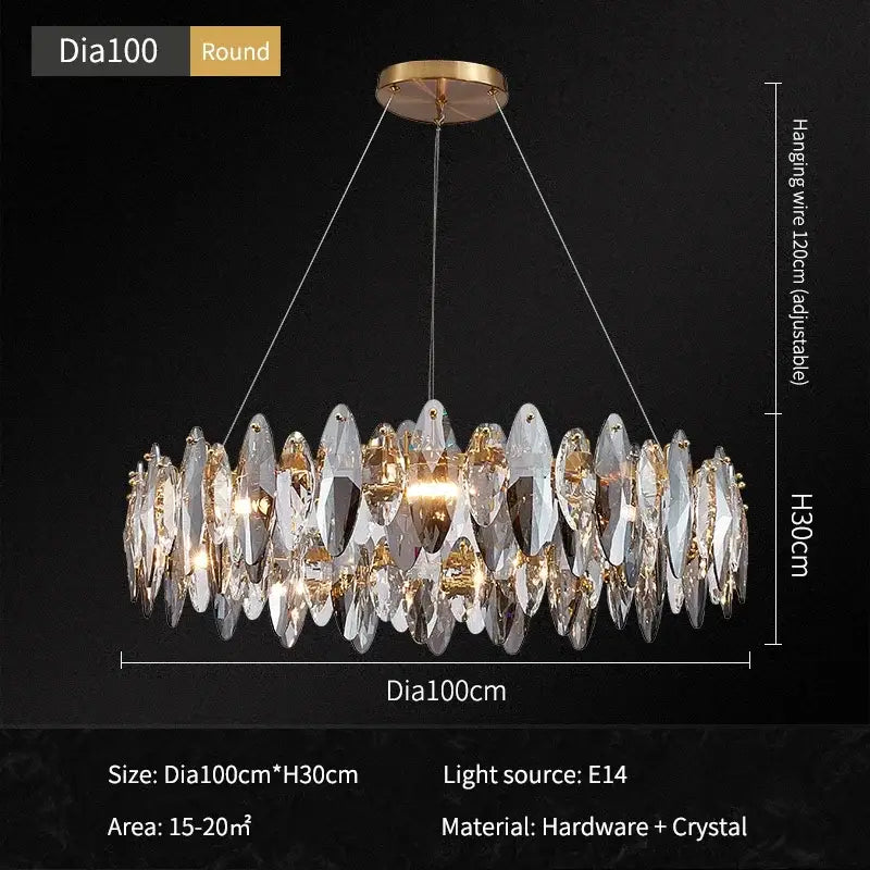 Modern gold amber decorbites crystal ceiling chandelier with gold metal frame and clear crystal teardrop pendants 100cm diameter