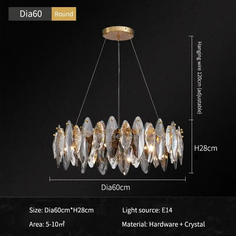 Modern gold amber decorbites crystal ceiling chandelier with clear crystal slices and gold-toned hardware, 60cm diameter