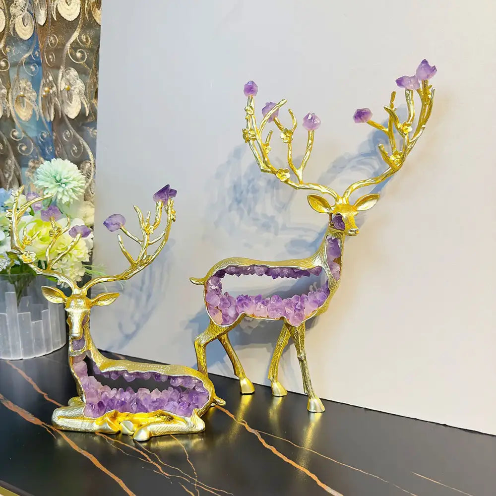 Modern gold amethyst deer statue with intricate antlers and hollow body filled with purple crystals for living room decorbites amethyst deer