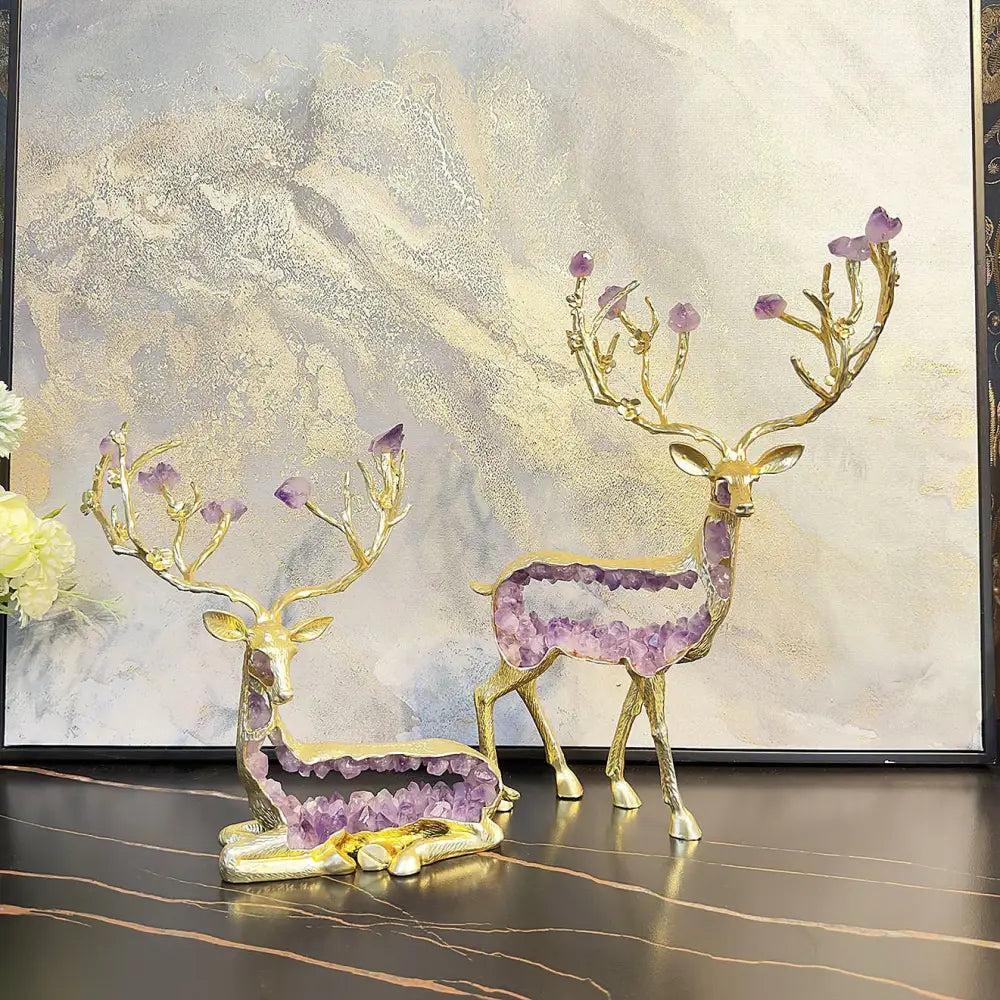 Modern gold amethyst deer statue with purple crystal inlays and antlers for living room decorbites amethyst decor