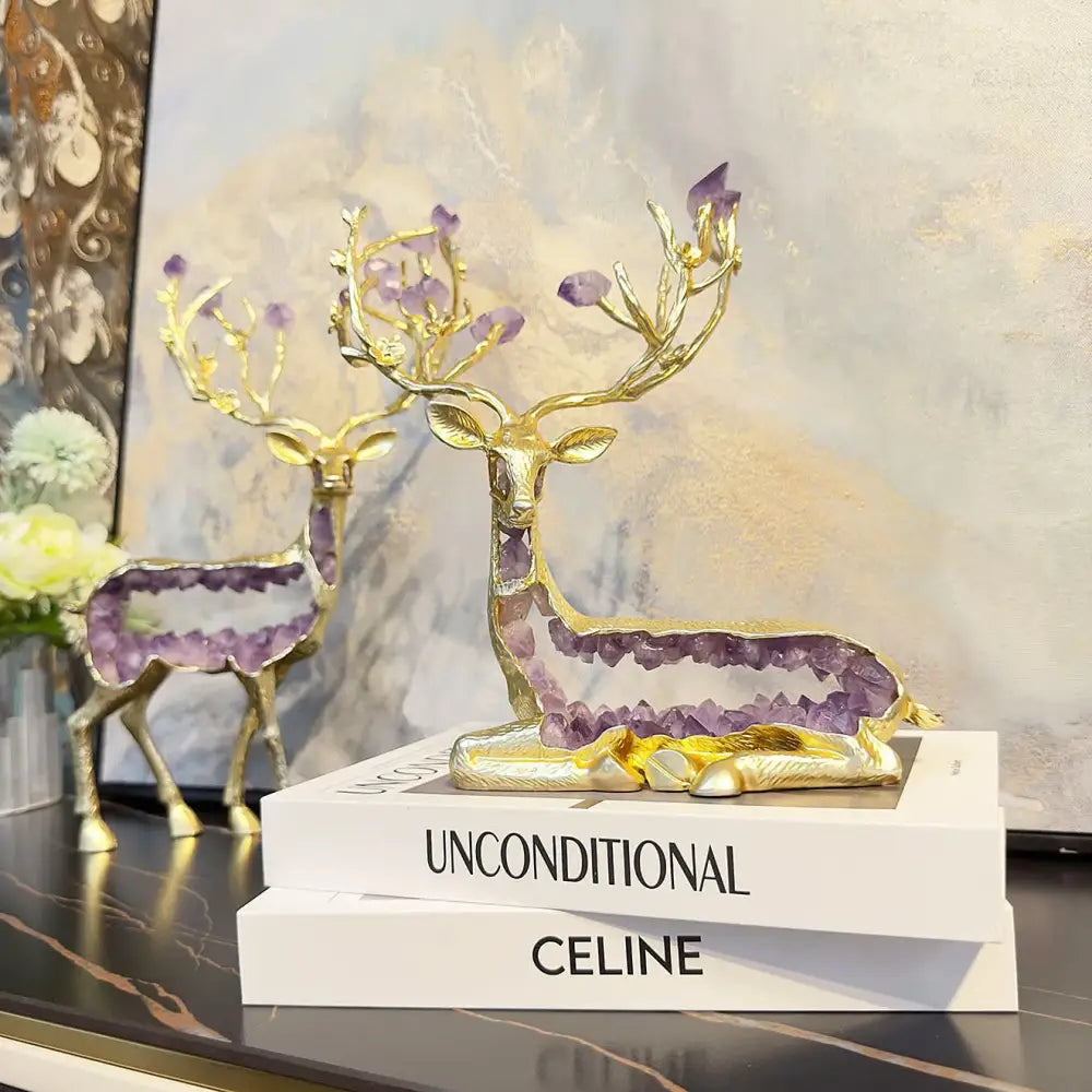 Modern gold amethyst deer statue with intricate antlers and purple amethyst crystal body decorbites amethyst deer decor
