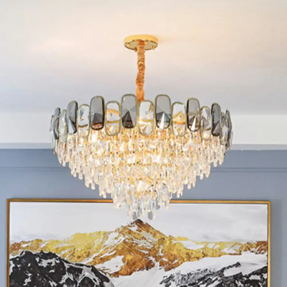 Decorbites modern crystal cone chandelier with gold ceiling mount gray glass panels and cascading crystal droplets for living room