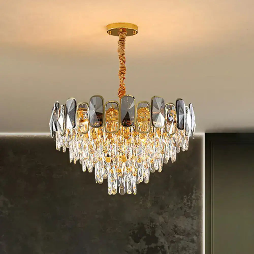 Gold-toned decorbites crystal cone chandelier with cascading clear and amber crystal droplets for living room lighting