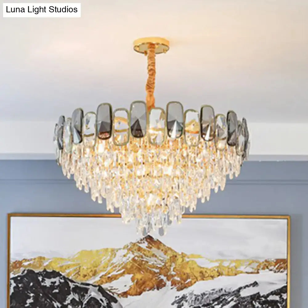 DecorBites™ modern crystal cone chandelier with gold-toned twisted rope pendant and clear crystal tiers for living rooms