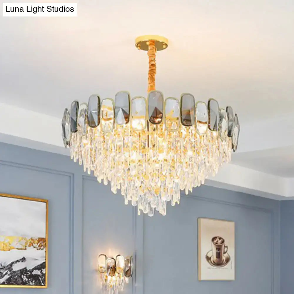 DecorBites™ modern crystal cone chandelier with gold-toned mount and clear faceted crystals for living room lighting