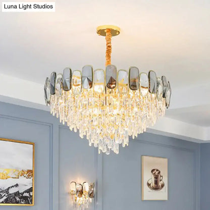 DecorBites™ modern crystal cone chandelier with gold-toned mount and clear faceted crystals for living room lighting