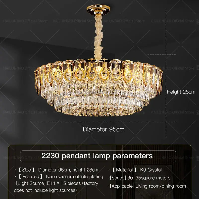 Modern gold and amber decorbites crystal chandelier with multiple tiers of clear k9 crystal prisms for dining room lighting