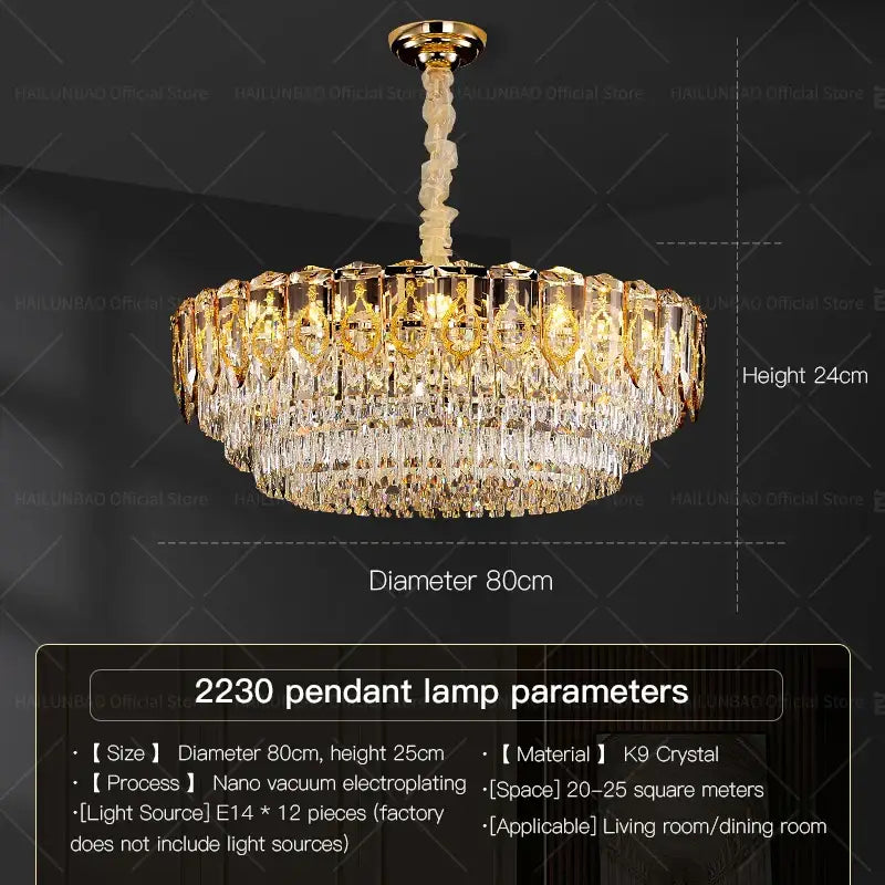 Modern gold and amber decorbites crystal chandelier with multiple tiers of clear k9 crystal prisms for dining room light