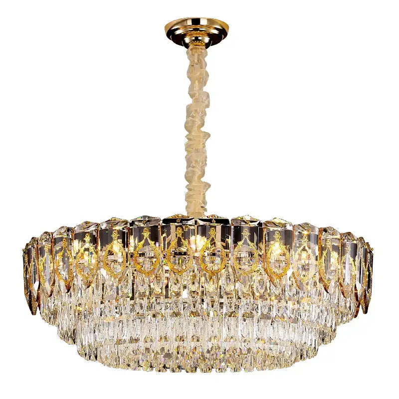 Modern gold and amber decorbites crystal chandelier with cascading clear crystal prisms for dining room light
