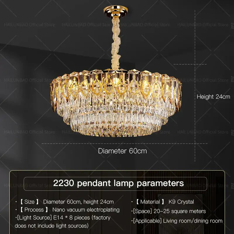 Modern gold and amber decorbites crystal chandelier with multiple tiers of clear k9 crystal droplets for dining room lighting