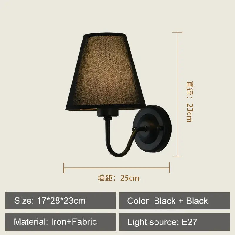 Black iron and fabric wall lamp with tapered textured shade, modern decorbites cloth led wall sconce for bedroom