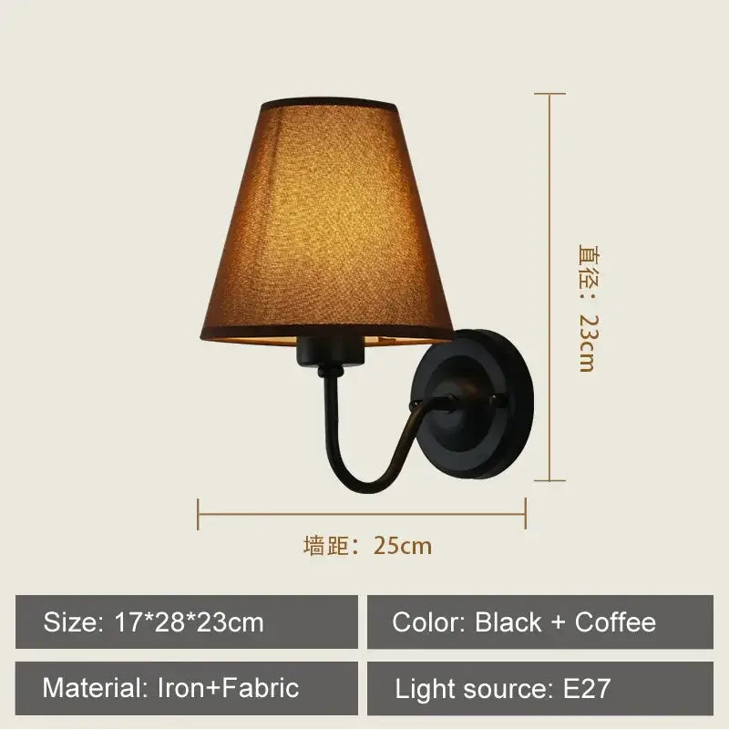 Black iron wall lamp with tapered coffee-colored fabric shade decorbites cloth led wall sconce for modern bedroom decor