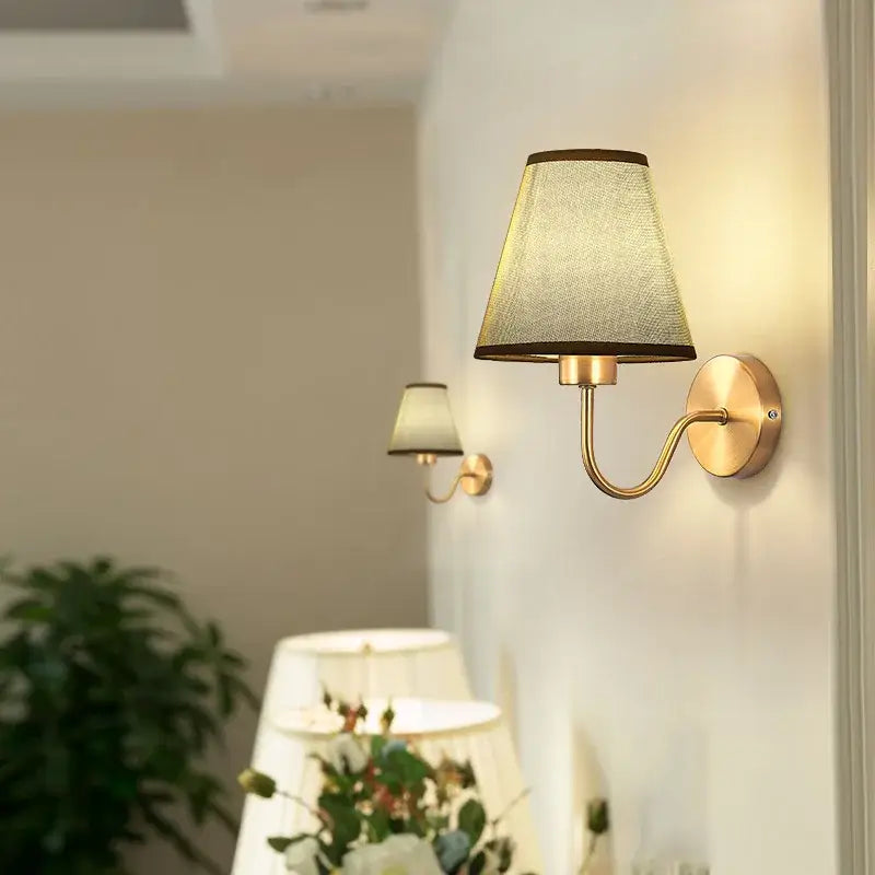 Modern gold and beige cloth led wall lamp with textured translucent beige lampshade and dark brown trim decorbites cloth led wall decor