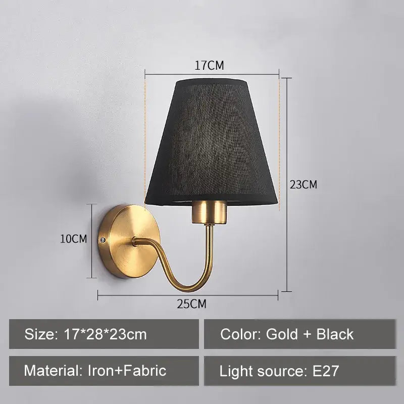 Modern gold-toned iron wall lamp with black fabric shade cloth led wall sconce for bedroom decorbites cloth led use