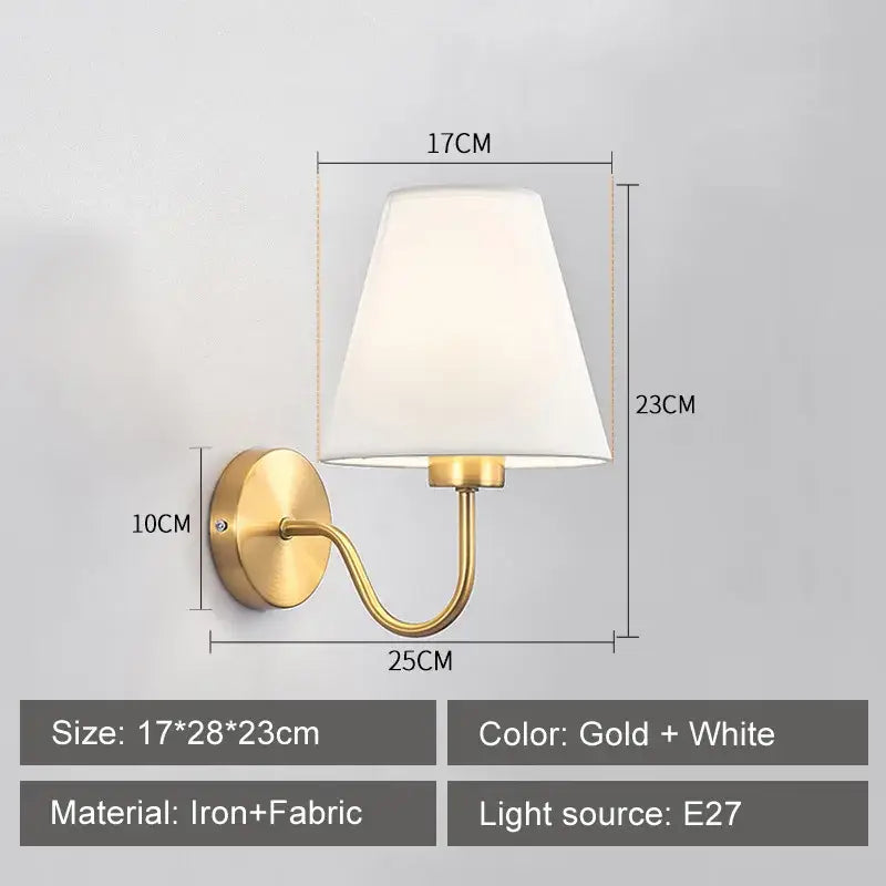 Modern gold and beige cloth led wall lamp with gold-toned iron base and white fabric shade for bedroom decorbites cloth led