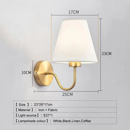 Modern gold and beige cloth led wall lamp with white fabric shade and curved iron arm for bedroom decorbites cloth led