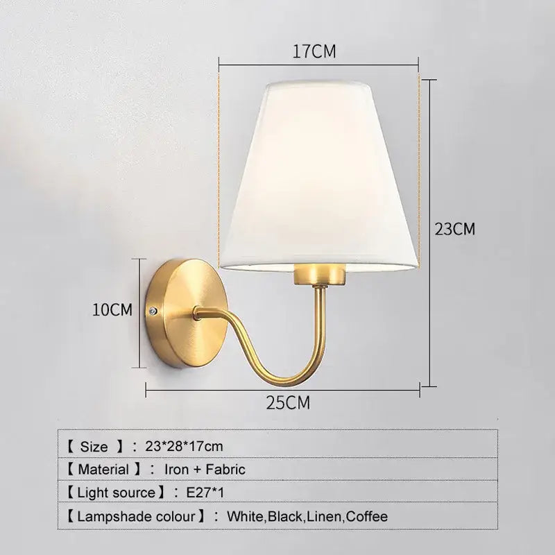 Modern gold and beige cloth led wall lamp with white fabric shade and curved iron arm for bedroom decorbites cloth led