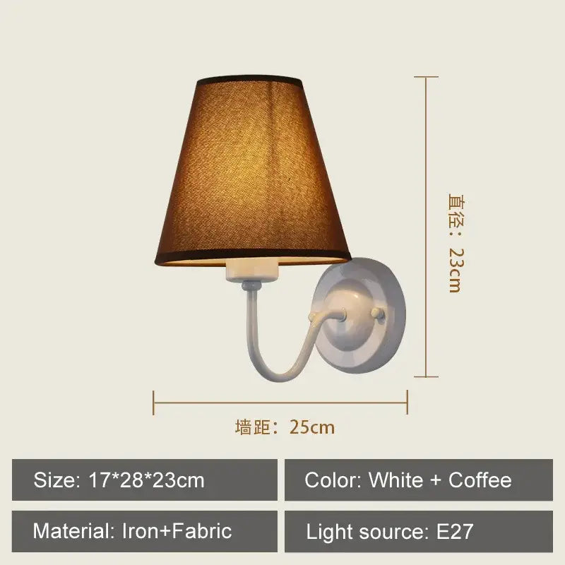 White iron wall lamp with tapered coffee beige fabric shade modern decorbites cloth led wall sconce for bedroom