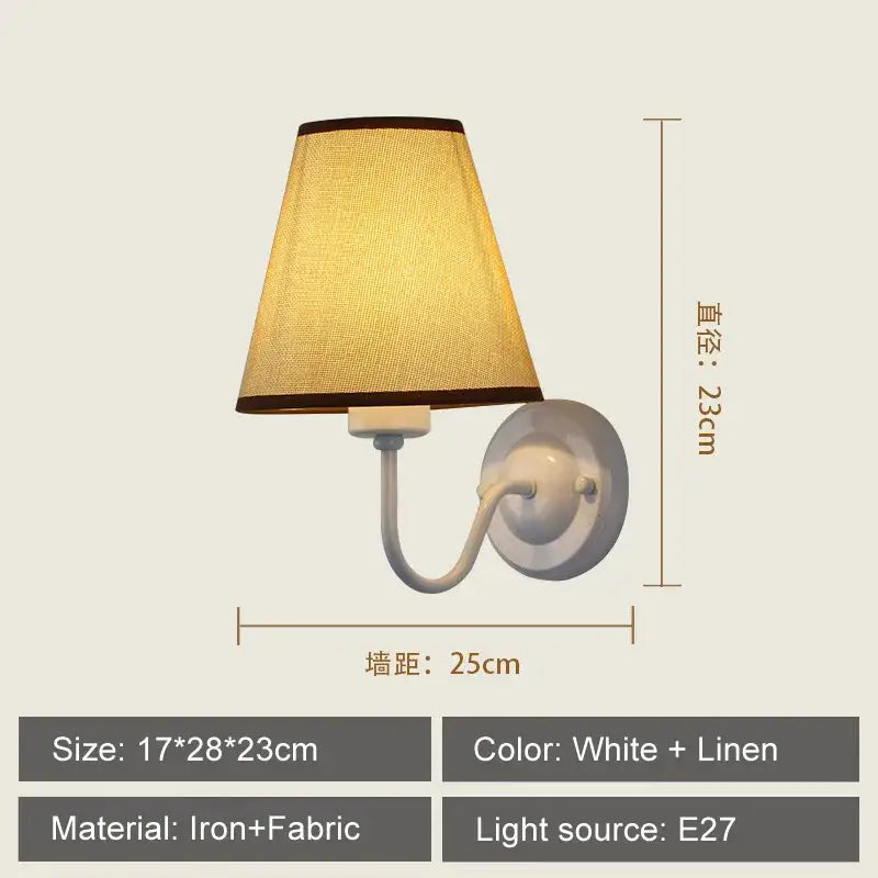 White iron wall lamp with warm linen fabric shade featuring decorbites cloth led design for modern bedroom decor