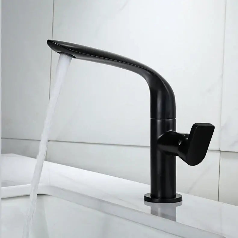 Modern gold and black basin faucet with black matte finish sleek curved spout and angular handle by decorbites basin faucet