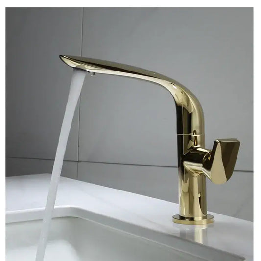 Modern gold and black decorbites basin faucet with sleek curved spout and angular handle for bathroom use