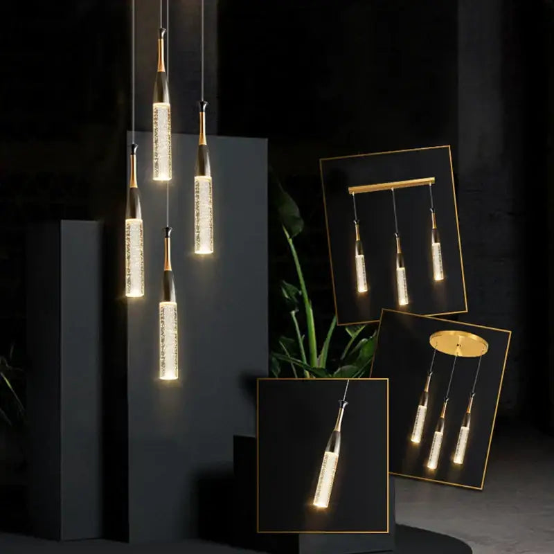 Modern gold and black decorbites crystal chandelier with translucent textured glass pendant lights emitting warm glow