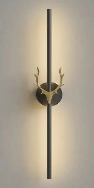 Modern gold and black deer horn led wall lamp with sleek vertical rod and golden deer antler head for bedroom decorbites decor