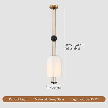Modern gold and black glass led chandelier with a sleek brass iron frame and translucent white glass shade for dining room