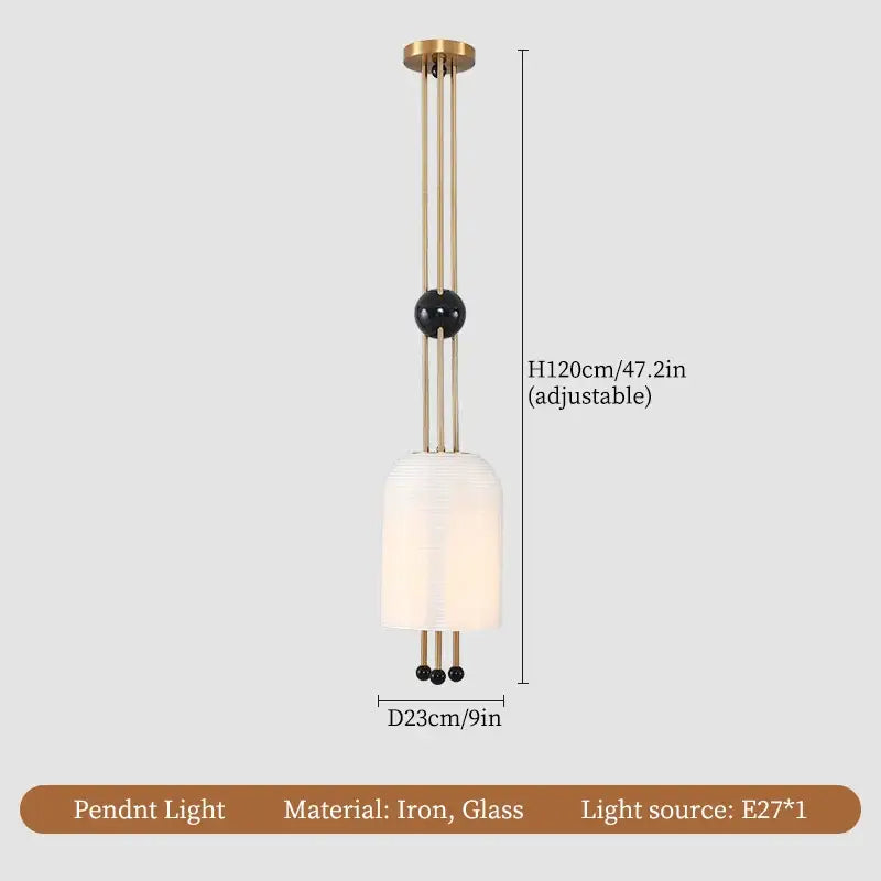 Modern gold and black glass led chandelier with a sleek brass iron frame and translucent white glass shade for dining room