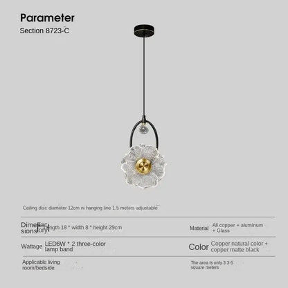 Modern gold and black led glass wall lamp with a flower-shaped clear glass pendant and brass center for bedroom decorbites led glass